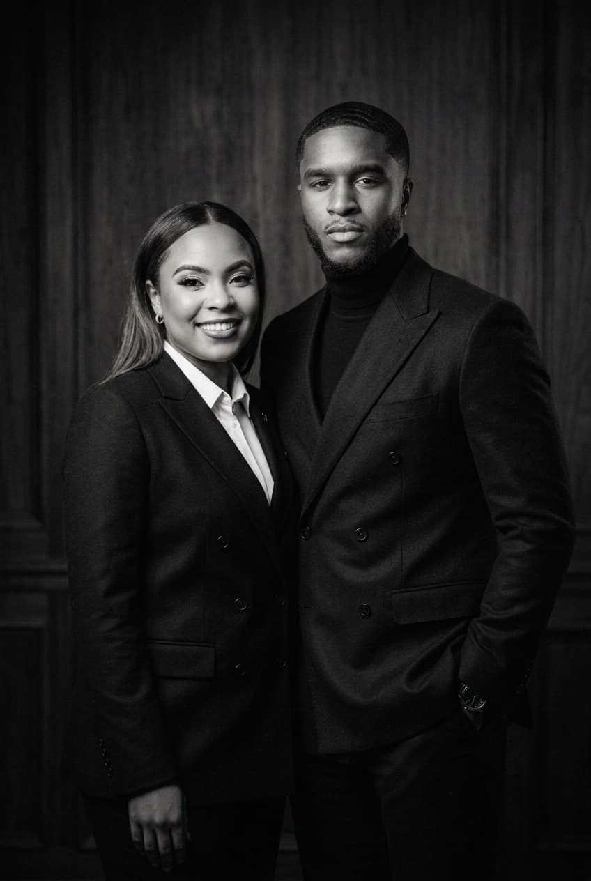 Yaz and Dereck Scott, founders of Noir Era, in dark tailoring against a panelled wall